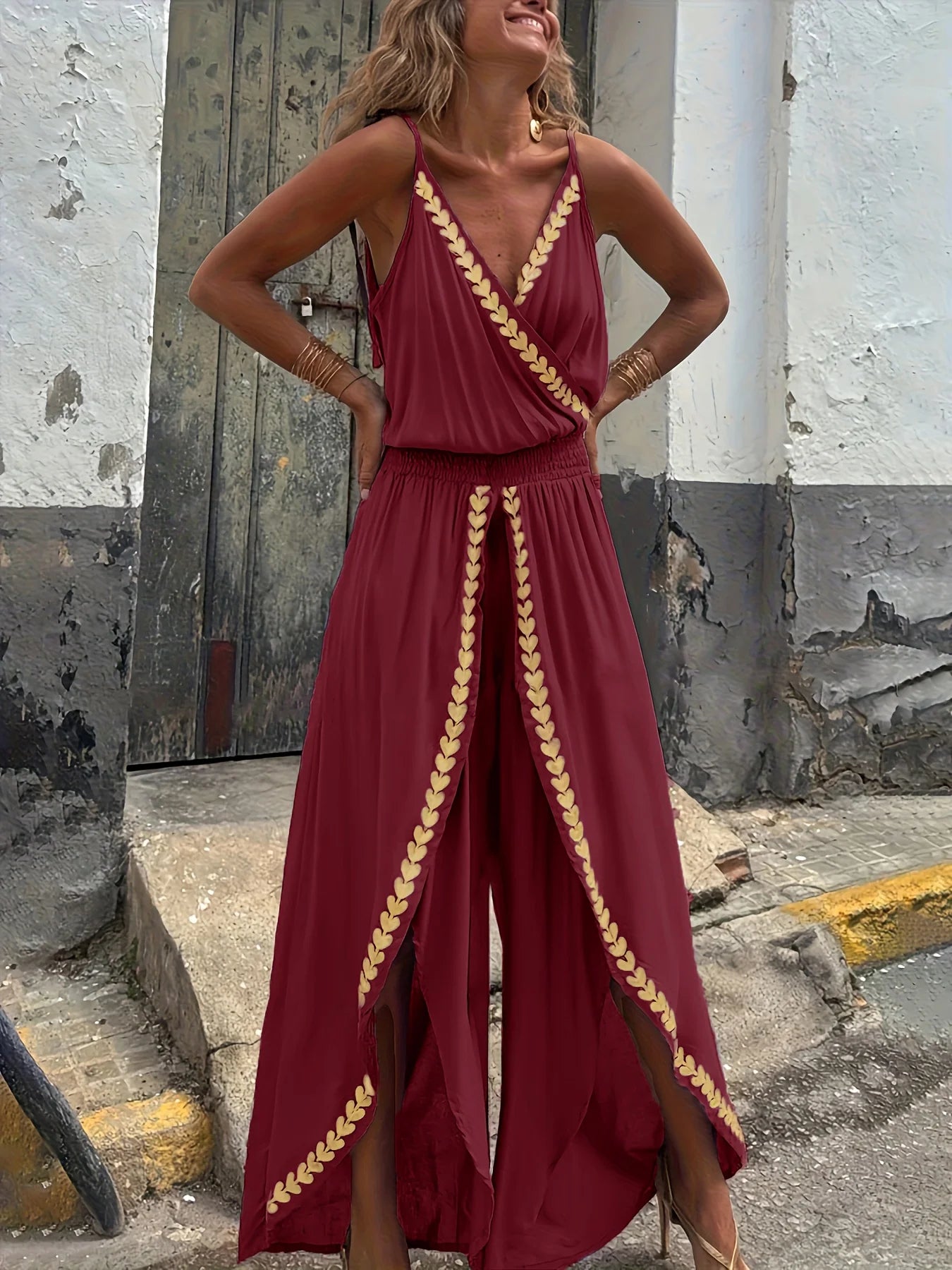 Casual Purple Gold Embellished Jumpsuit