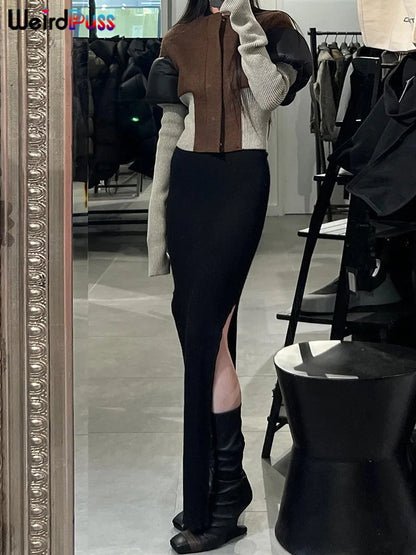 Weird Puss Patchwork Long Sleeve Jacket Chic Zip Hipster Winter Coat