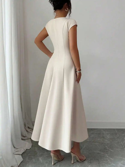 Square Neck Midi Cap Sleeve Fitted Flare Dress