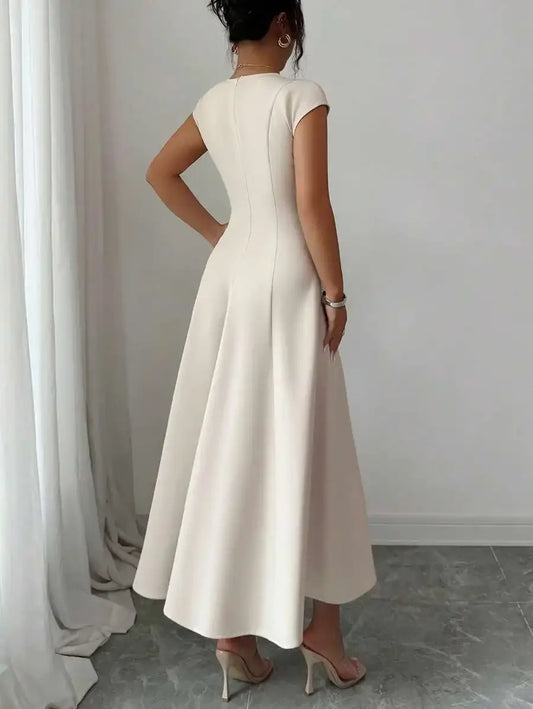 Square Neck Midi Cap Sleeve Fitted Flare Dress