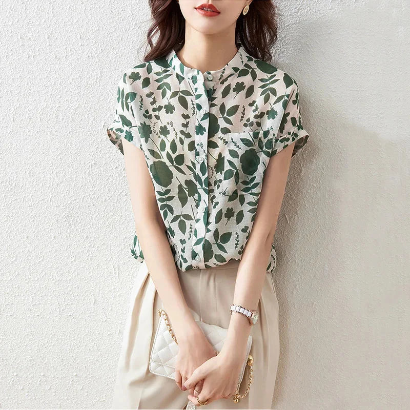 Short Sleeve Stand Collar Flower Blouses