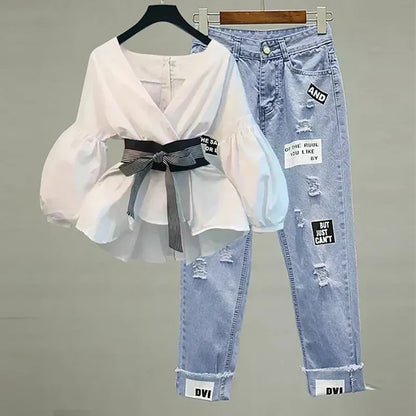 Lantern Sleeve Bow Slim Chiffon Shirt Set