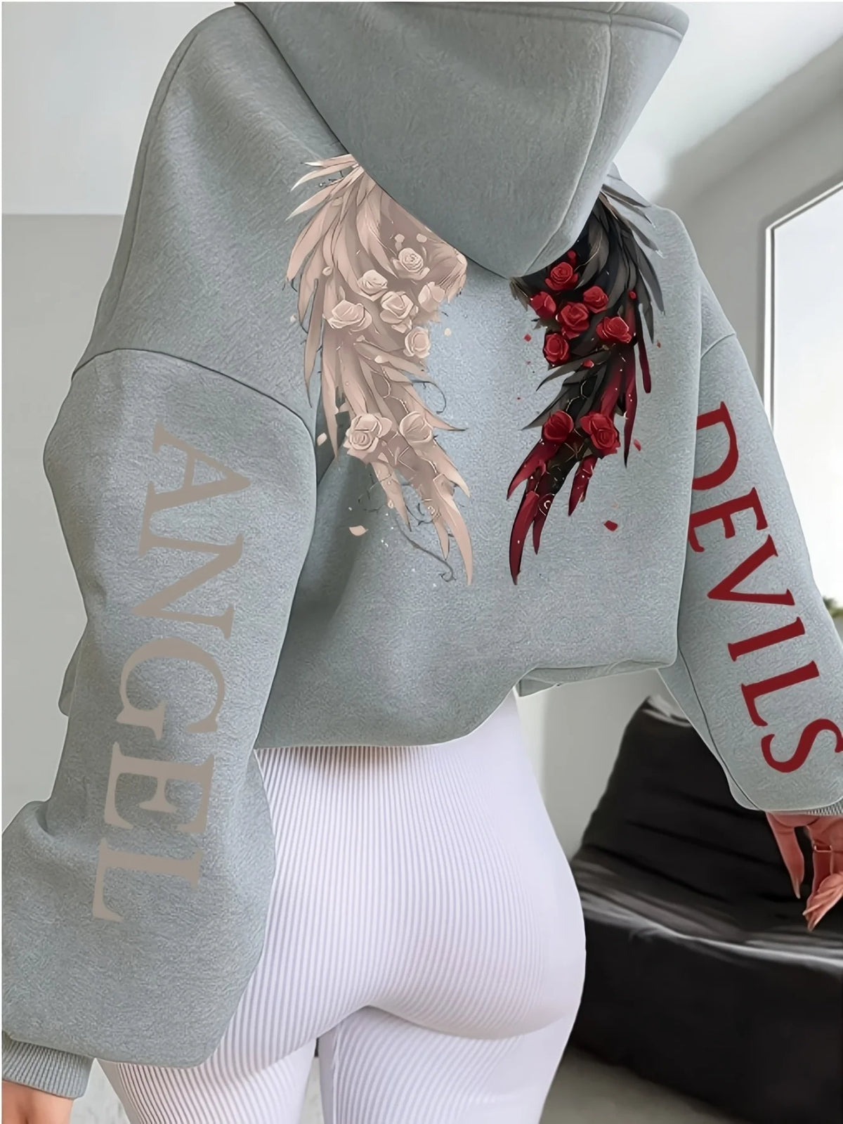 Plus-size Hooded Gothic Angel and Demon Pattern Fleece Oversized Streetwear