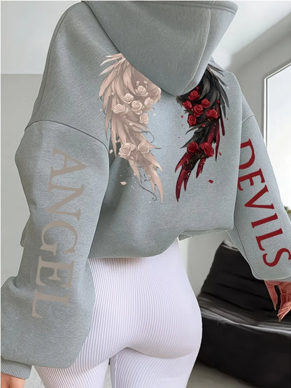 Plus-size Hooded Gothic Angel and Demon Pattern Fleece Oversized Streetwear