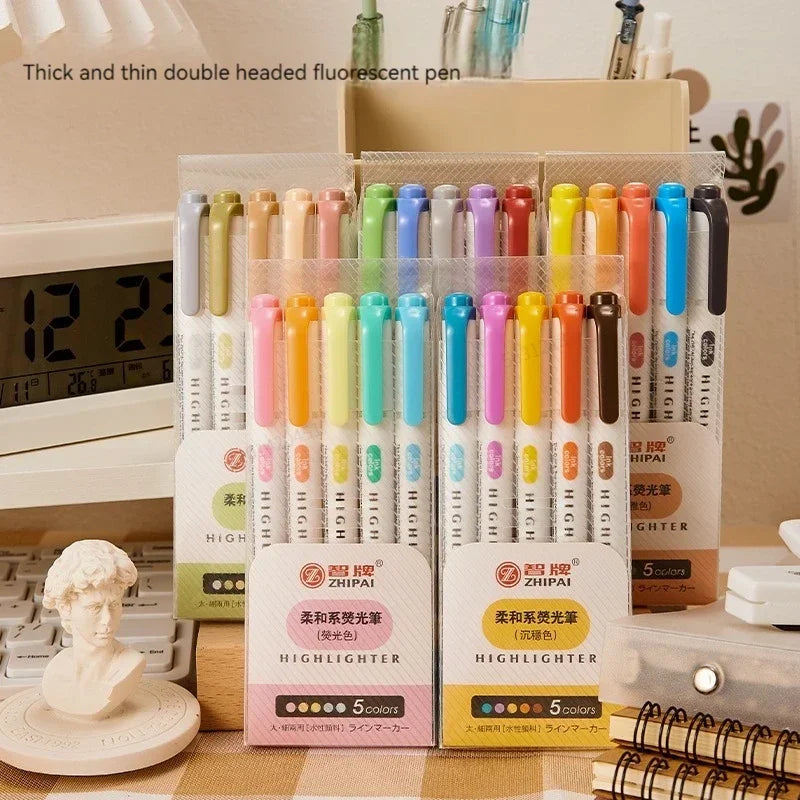 5 Colors/box Double Headed Highlighter Pen Set