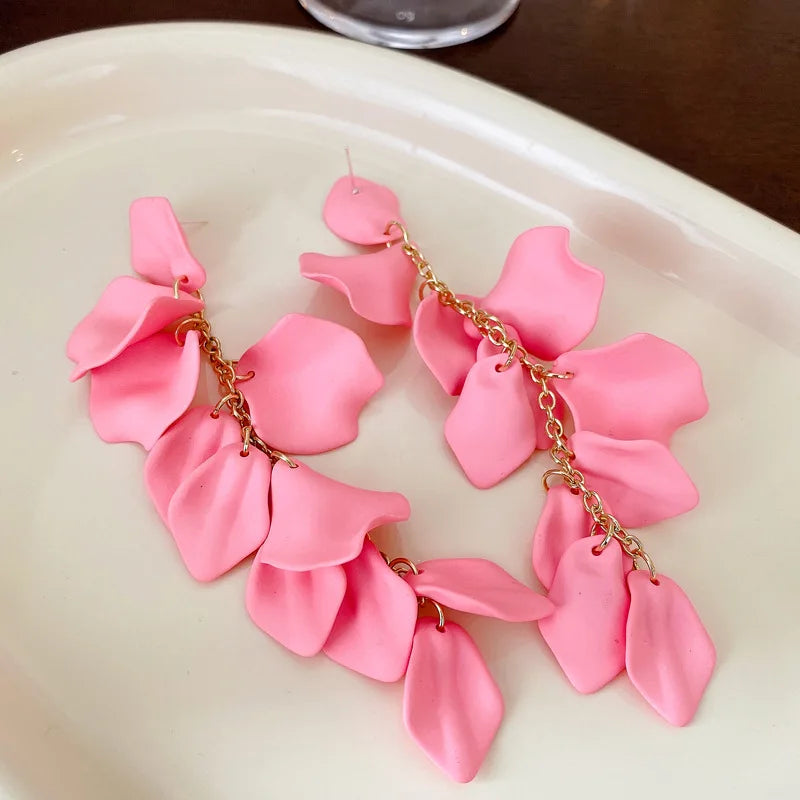 Bohemian Rose Petal Flower Drop Long Tassel Earrings