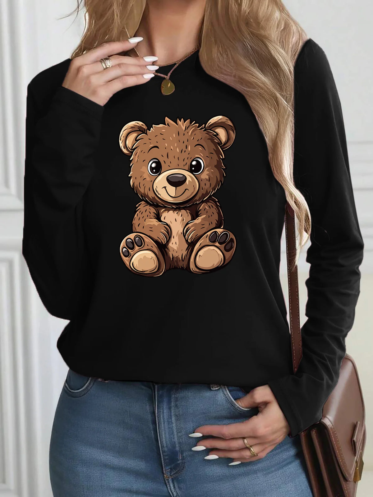 100% Pure Cotton Loose Letter Dog Print Round Neck Long Sleeved T-Shirt