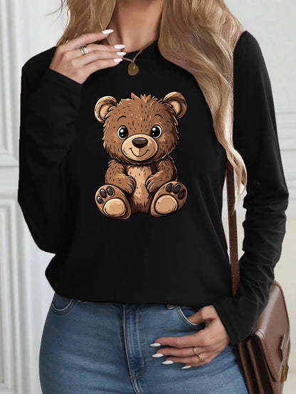 100% Pure Cotton Loose Letter Dog Print Round Neck Long Sleeved T-Shirt