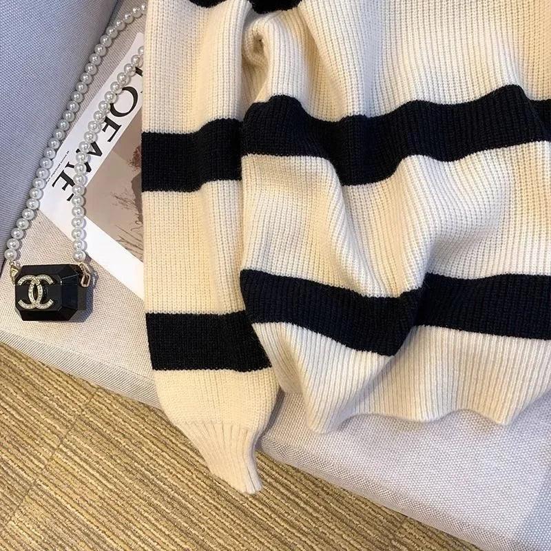 Loose Polo Neck Striped Korean Style Sweater