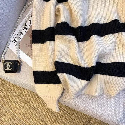 Loose Polo Neck Striped Korean Style Sweater