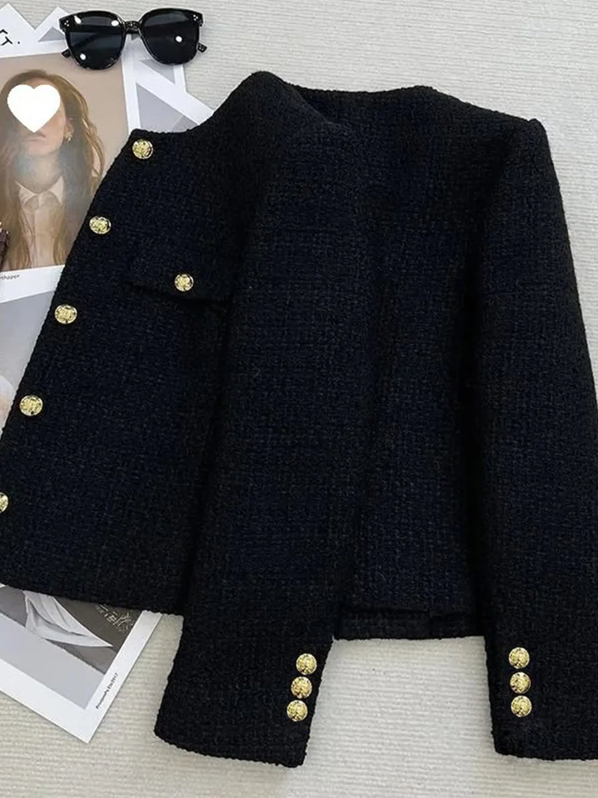 French Wool Tweed High-end Gold Button Short Slim  Korean Jacket
