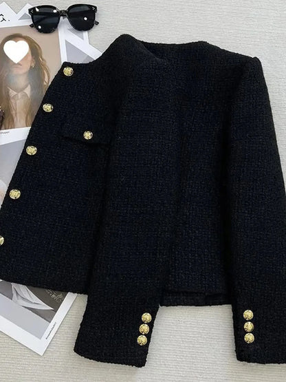 French Wool Tweed High-end Gold Button Short Slim  Korean Jacket
