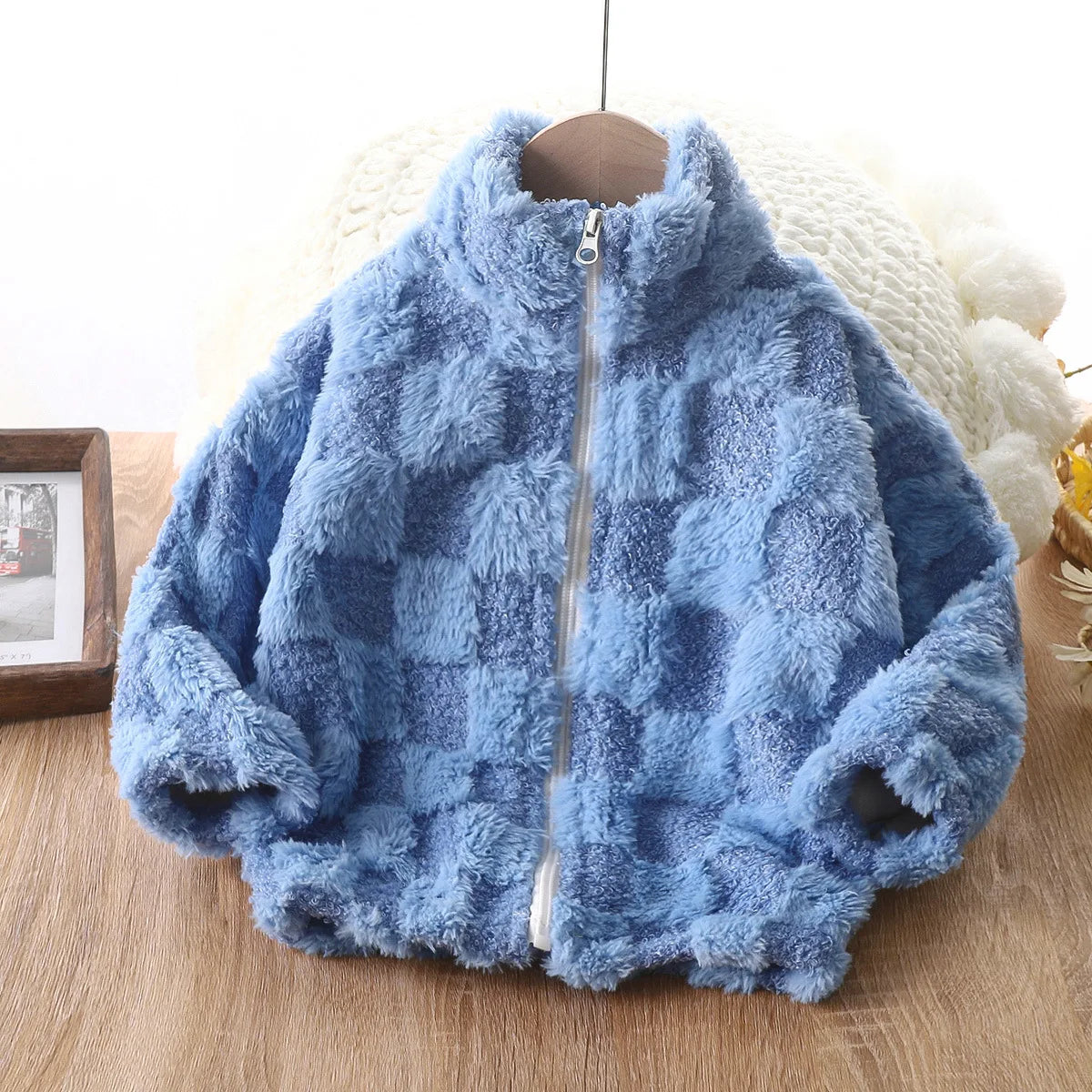 Plaid Pattern Fleece Coat Thick Cardigan with Zipper Stand Cozy Winter Coat