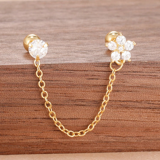 Stainless Steel Gold Color Chain Dangle Drop Zirconia Earrings