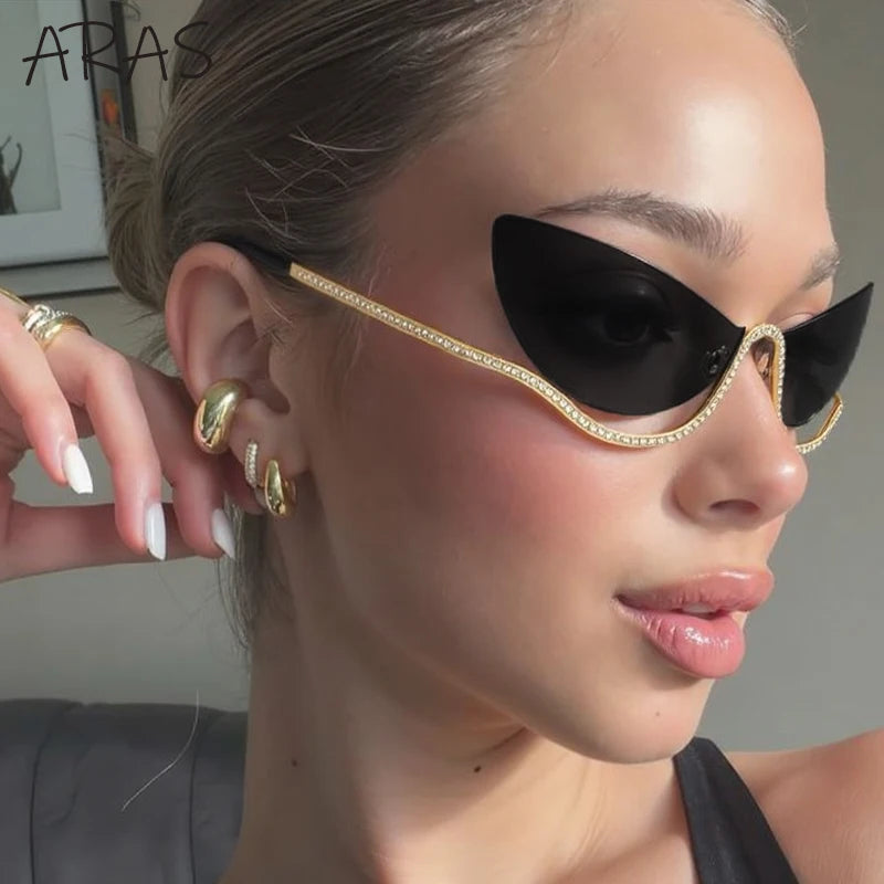 Sexy Cat Eye Rimless Luxury Brand Rhinestone Sun Glasses