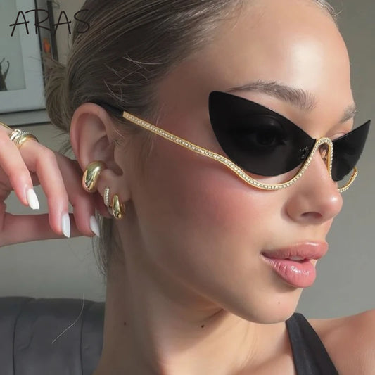 Sexy Cat Eye Rimless Luxury Brand Rhinestone Sun Glasses