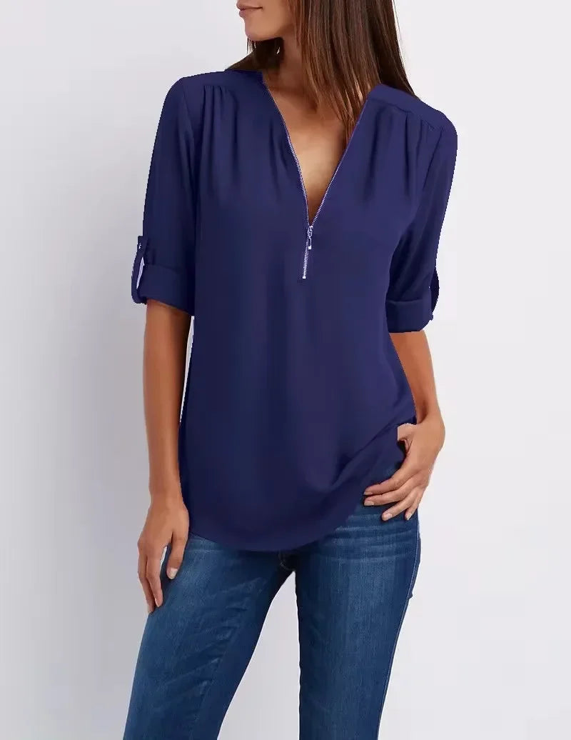 Loose Shirt Deep V Neck Chiffon Blouse