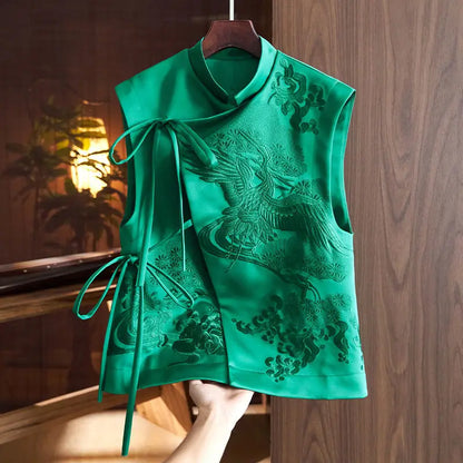 Chinese Style Outerwear Vest Flowers Embroidered Lacing Vests
