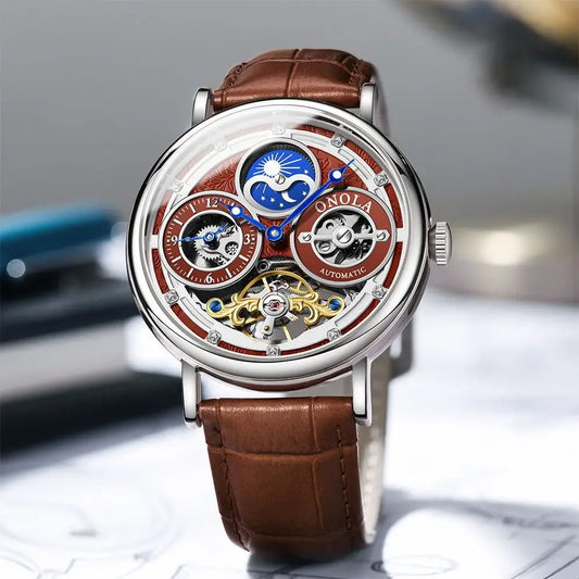 Automatic Movement Dual Time Zone Moon Phase Waterproof Tourbillon Mechanical Watch