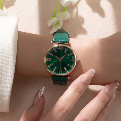Luxury Diamond Roman Quartz Green Leather Strap Wristwatches