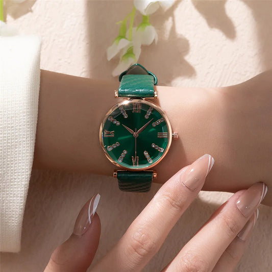 Luxury Diamond Roman Quartz Green Leather Strap Wristwatches