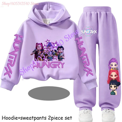 Hooded Mira Rumi Zoey  Girl Cute Casual Sports Cartoon Sweater Set
