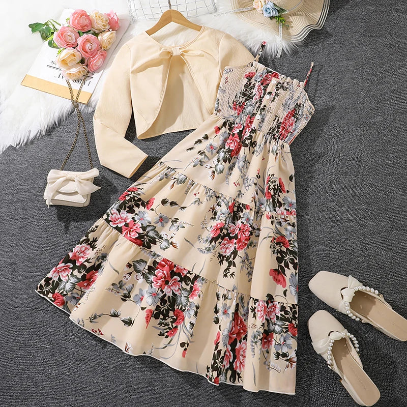 Kid Girl Long Sleeve Bow Sling Dress Set