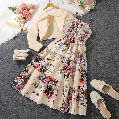 Kid Girl Long Sleeve Bow Sling Dress Set