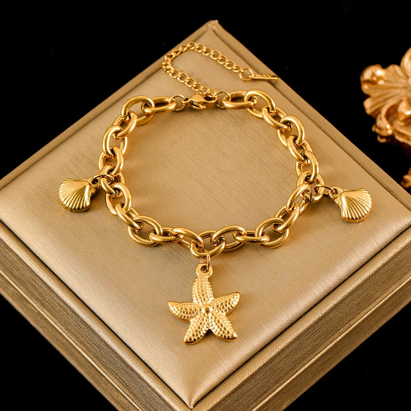 Stainless Steel Gold Starfish Moon Star Bracelet