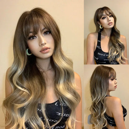 Long Natural Wavy Platinum Blonde Wigs
