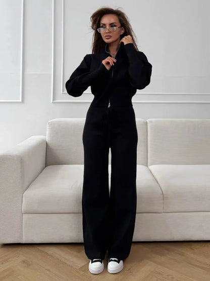 Knit Zip Up Cardigan Wide Leg Soft Fabric Cropped Sets