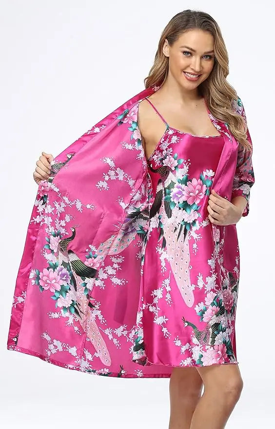Floral Satin Kimono Robe and Nightgown Bathrobe Set