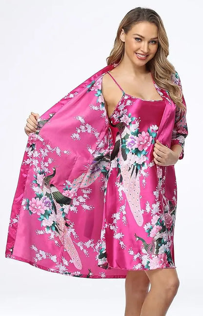 Floral Satin Kimono Robe and Nightgown Bathrobe Set