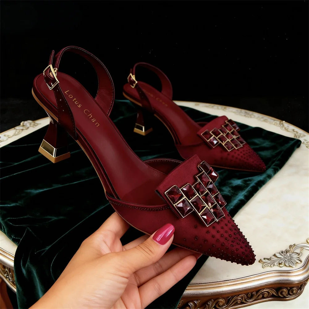 Venus Chan Elegant Green Slingback Heels with Rhinestones Shoes