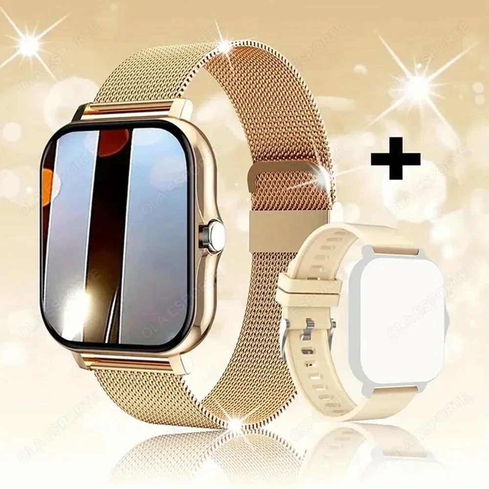 Gold smartwatches with mesh and silicone bands on a sparkling beige background
