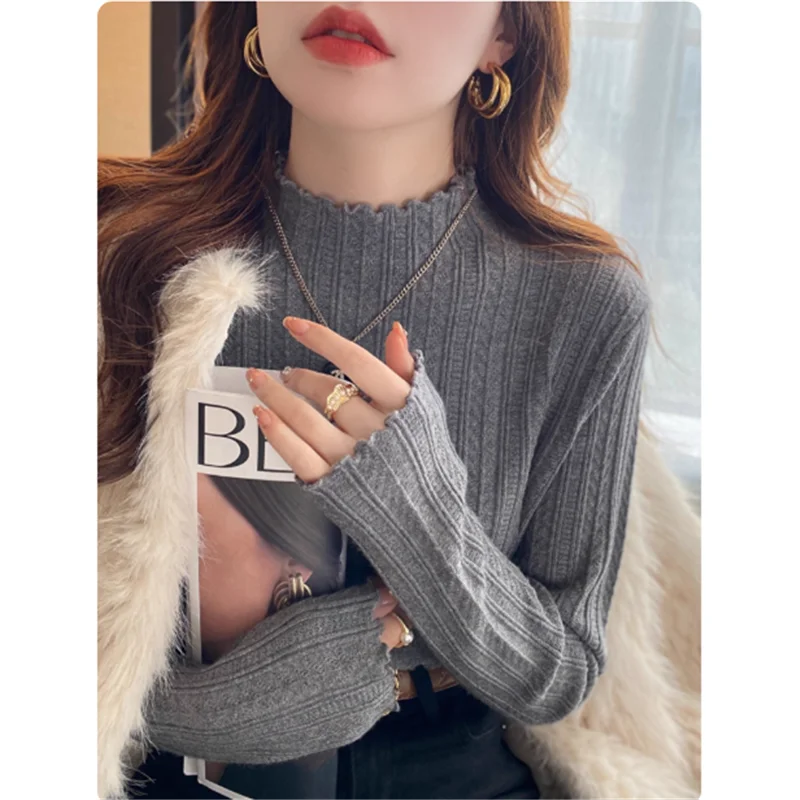 Knitted Sweater Long Sleeve Mock Neck White Knit Sweater Pullover
