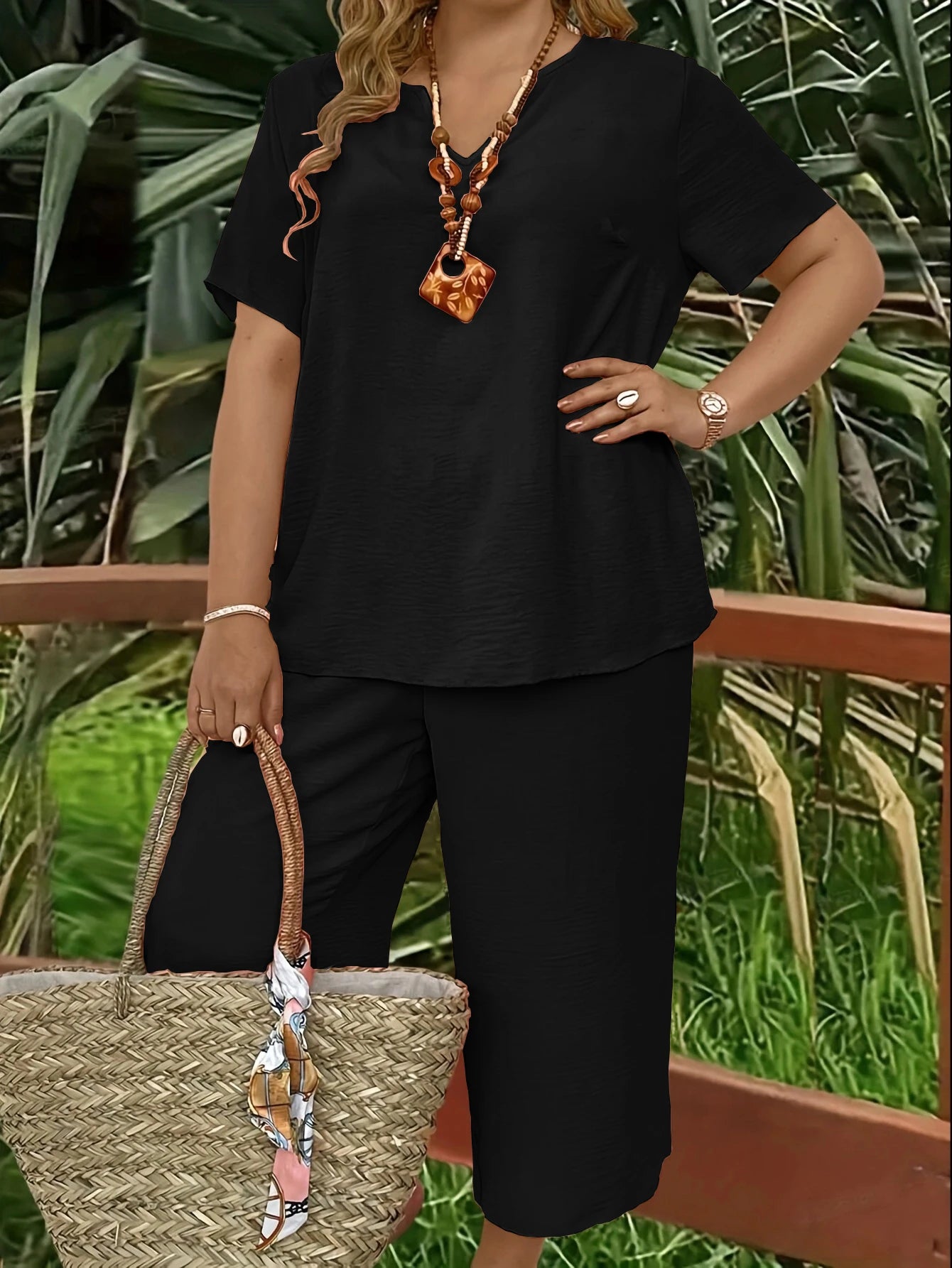 Plus size casual elegant short-sleeved top and wide-leg pants