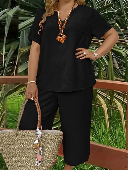 Plus size casual elegant short-sleeved top and wide-leg pants