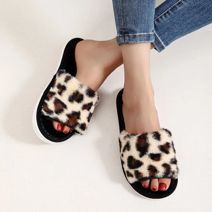 Leopard Print Fur Flip Flops Slippers