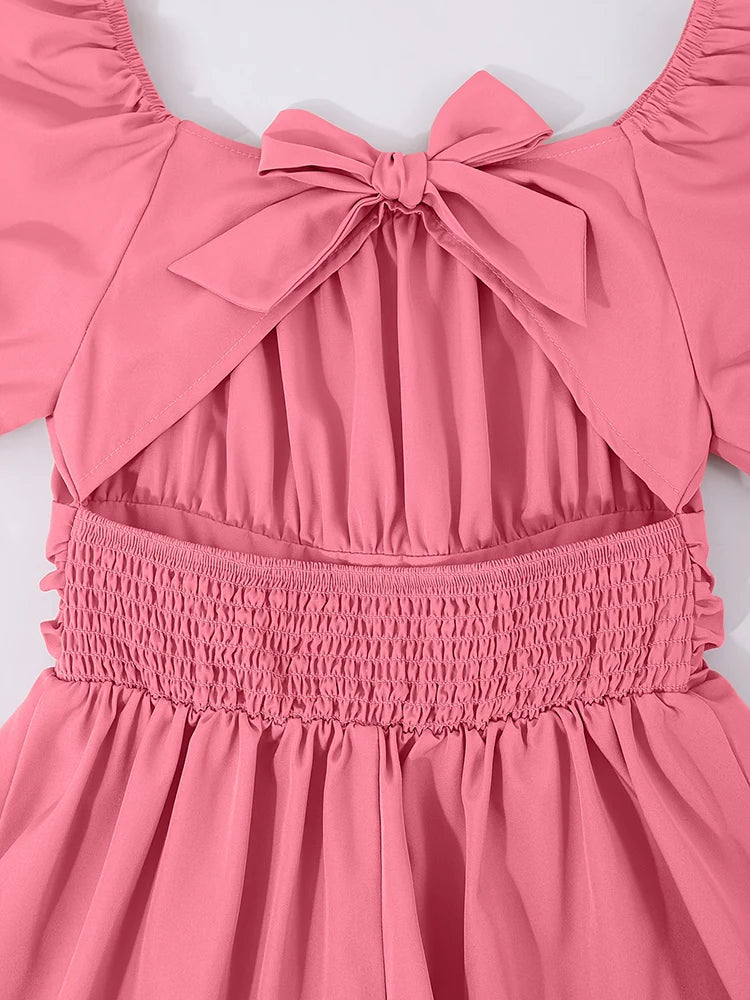 Spring And Summer Cute Elegant Off-Shoulder Lantern Sleeve Bow Solid Color Puff Dress