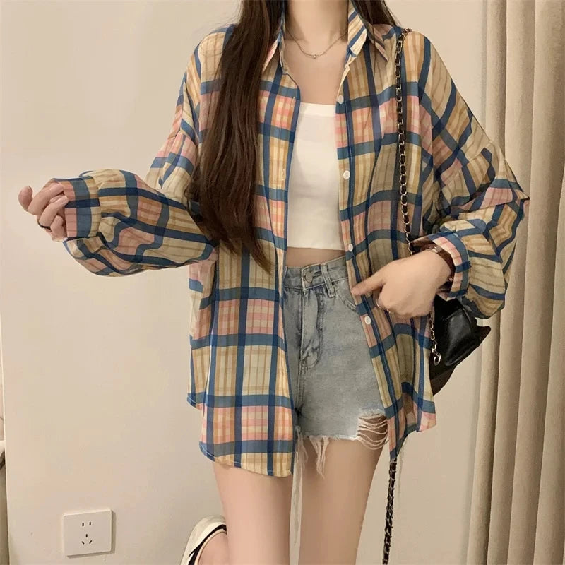 Sheer Chiffon Plaid Oversized Shirt