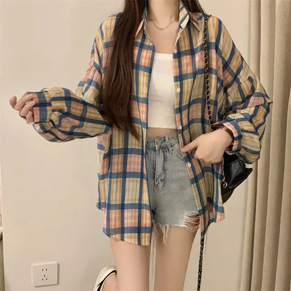 Sheer Chiffon Plaid Oversized Shirt