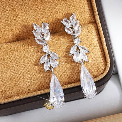 White Zircon Leaf Dangle Shinny Water Drop Crystal Earring