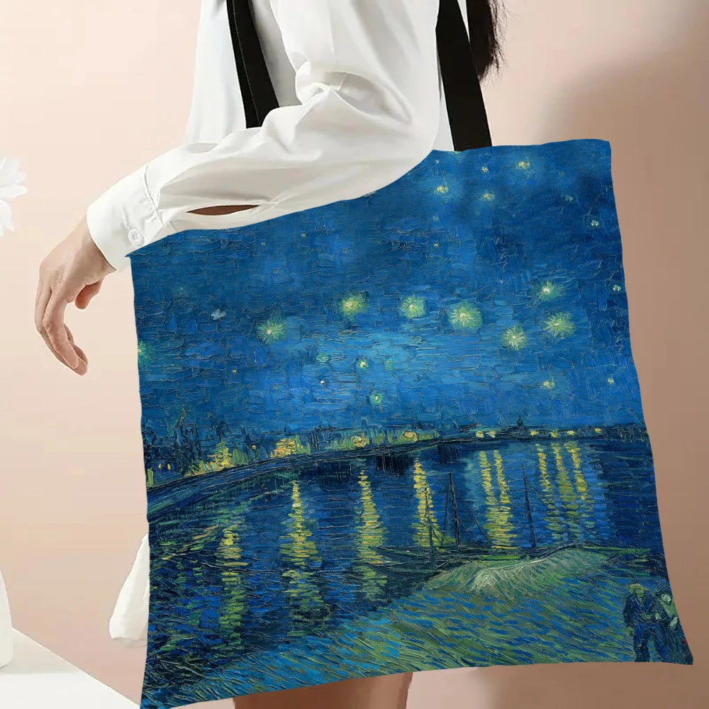 Linen Oil Painting Starry Night Flower Handbag