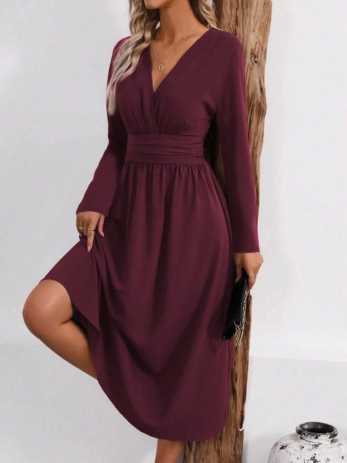 Elegant V-Neck Long Sleeve with Waist Shirring Bodycon Long Maxi Dress