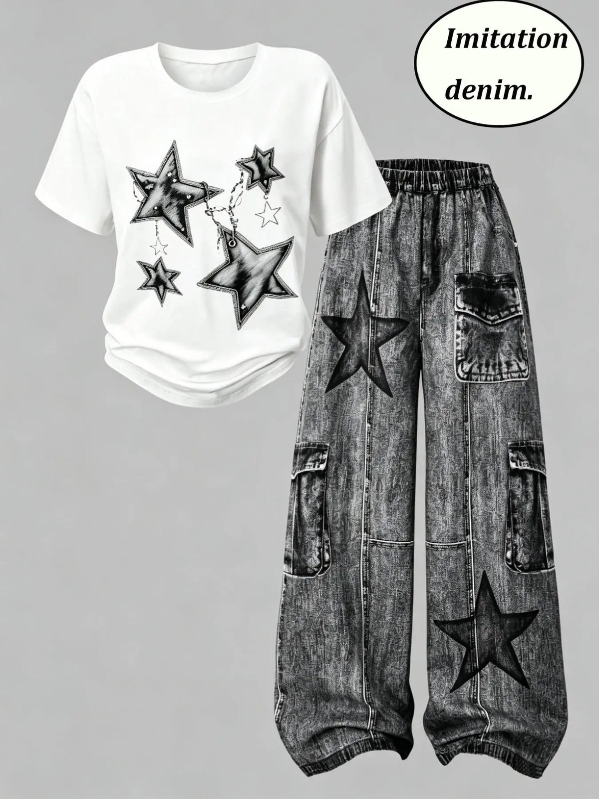 Casual Star-Printed T-Shirt + Faux Denim Cargo Pants Two-Piece Set i