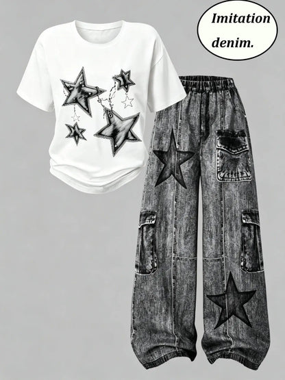 Casual Star-Printed T-Shirt + Faux Denim Cargo Pants Two-Piece Set i