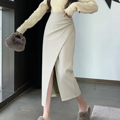 Autumn Winter Front Split PU Leather Long Skirts