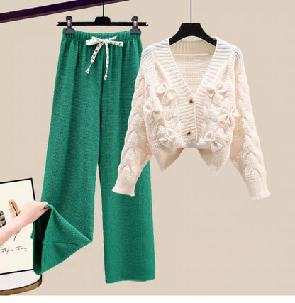 Korean Sweet Bow Outfit Long Sleeve Cardigan Knitwear Wide Leg Pants Set