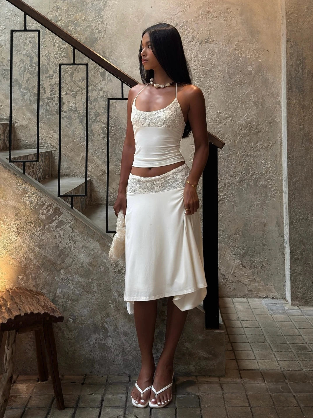 White Lace Patchwork Sexy Halter Dress Sets
